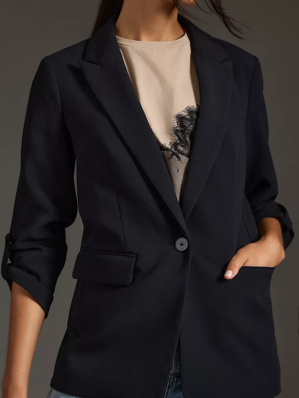 Maeve Black Single-Button Blazer with Rolled Sleeves